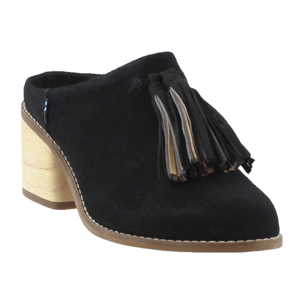 TOMS Leila black suede tassel mules size 8 LIKE NEW - Picture 5 of 10